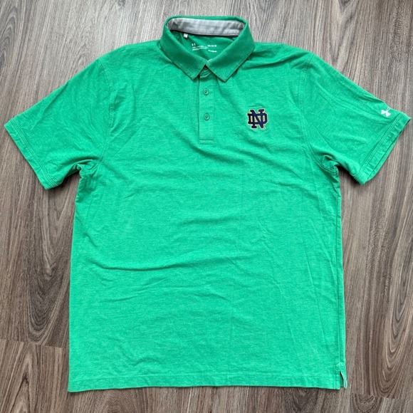 Under Armour Notre Dame Fighting Irish Golf Polo Shirt LG Loose HeatGear Green - Picture 2 of 5